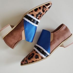 Fun and unique leopard print faux blue leather slip on loafers